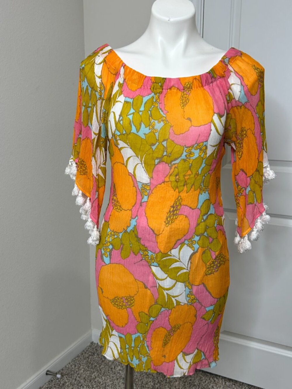 Trina Turk Loyal Floral Gauze Mini Dress Silk Blend Off Shoulder Tassel Medium